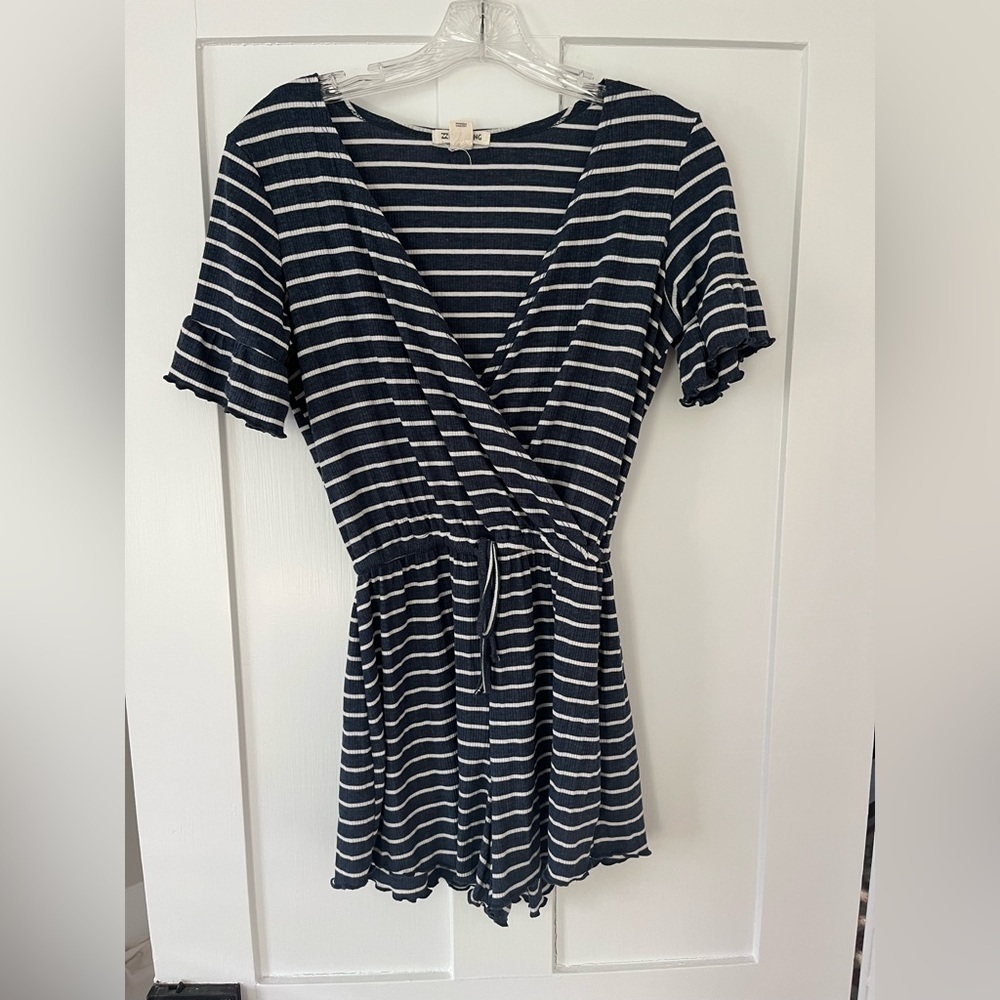 Billabong Navy Blue and White Stripe v-neck romper Small